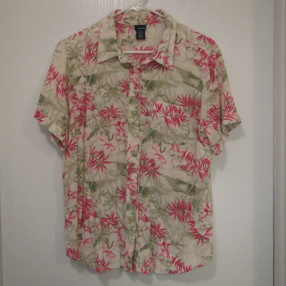 Basic Editions Pink Green Floral Tropical Hawaiian Shirt Women's L 100% Rayon